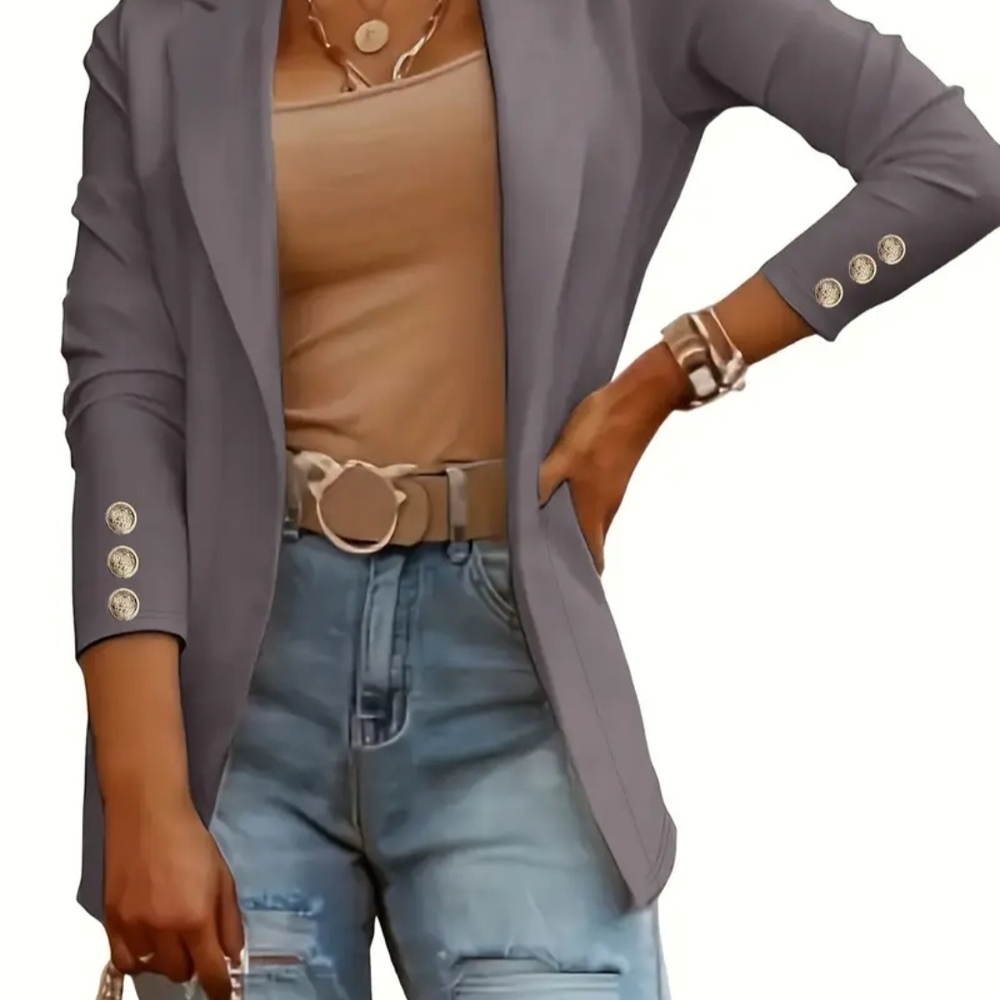 Women's Gray Blazer with Gold Button Accents